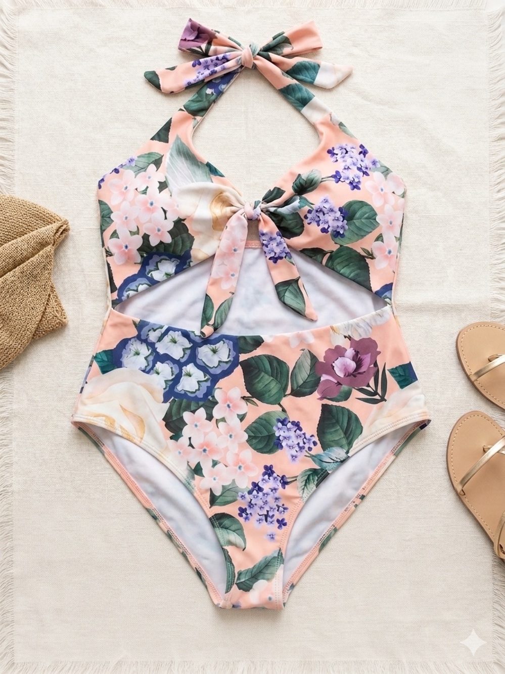 Peach Floral One-Piece Swimsuit with Tie Details
